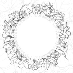 Vector square black and white autumn card. Wreath of leaves and pumpkin flowers, round frame on line background. Hand line drawing. Template for Thanksgiving greeting card, invitation.