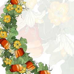 Vector square multicolored autumn card. Wave of pumpkins, leaves and flowers on multicolored background. Hand line drawing. Template for Thanksgiving greeting card, Harvest festival invitation.