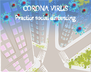 Corona Virus, practice social distancing banner with buildings, Coronavirus Bacteria