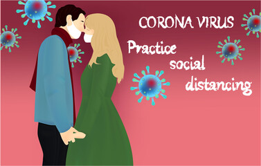 Corona Virus, practice social distancing banner with couple in a white medical face masks, Coronavirus Bacteria
