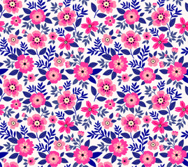 Elegant pattern in small pink flowers are scattered on the surface. Liberty style. Floral seamless background. Ditsy print. Vector texture. A bouquet of spring flowers for fashion prints.