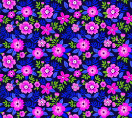 Fototapeta na wymiar Floral pattern vintage style. Small pink flowers and leaves. Modern surface dark blue background. A bouquet of spring flowers for fashion prints. Trendy floral print.