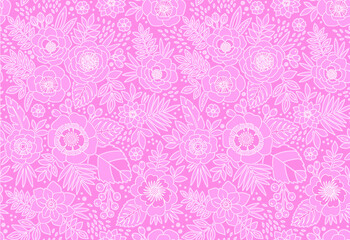 Seamless pattern with outline of stylized flowers. Beautiful monochrome floral background. Can be used for textiles, book covers, packaging, wedding invitations. Vector hand drawn illustration.