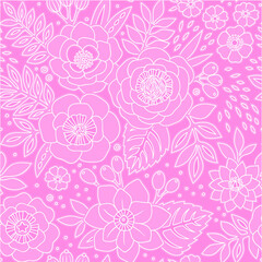 Seamless pattern with outline of stylized flowers. Beautiful monochrome floral background. Can be used for textiles, book covers, packaging, wedding invitations. Vector hand drawn illustration.