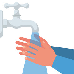 Hand washing under the tap with water. Vector illustration flat design isolated on background. Personal hygiene. Disinfection, antibacterial washing. Water tap, jet stream and hands.
