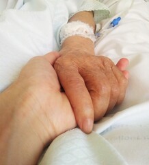 Granddaughter lovingly holding her grandmother's hand at the hospital