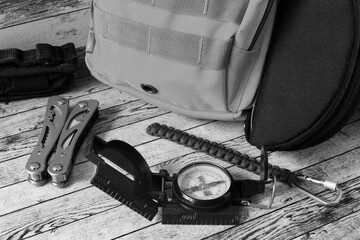 Backpack and compass for hiking