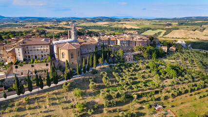 Pienza, Tuscany. Aerial view at sunset of famous medieval town