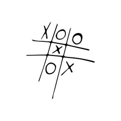 Tic-tac-toe game in doodle style isolated on white background. Child Game.  Simple cartoon outline illustration.