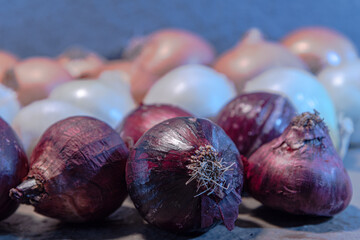 Fresh white, purple and yellow onion bulbs scattered on clear surface