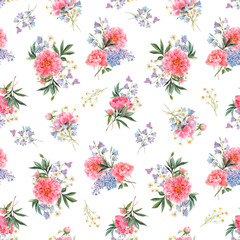 Beautiful seamless floral pattern with watercolor pink peony and other summer flowers. Stock illustration.