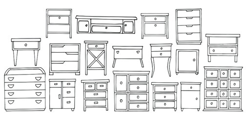  set of nightstands and dressers. Sketch stile. A linear pattern. Black and white doodles Isolated on a white background. Vector collection of modern furniture for bedroom, study, living room.