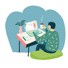 A man works at a laptop with a cup of coffee. Stay at home, work from home, flowers in a pot, home office. Flat Vector Illustration.