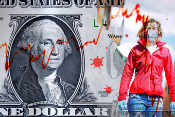 A  1 dollar bill and red symbols symbolizing the corona virus combined with a negative stock financial tend-line and a woman wearing a facemask