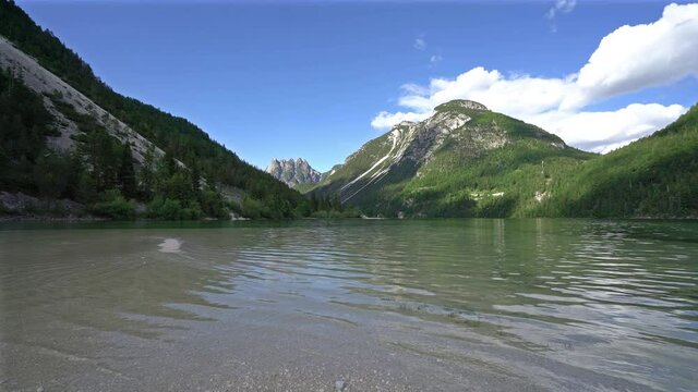 panoramic view on a summer day of Predil lake, Friuli-Venezia Giulia region, Italy	
