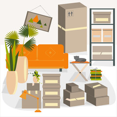 Moving to new place of residence. Collecting things in cardboard boxes, books tied in piles. Waiting for help of movers. Vector illustration in flat style.