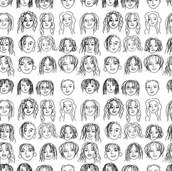 Seamless pattern with female faces. International women day. Design of the concept of feminism. Different girls. Vector illustration for a map, poster, postcard, modern design.