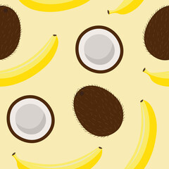 sweet whole coconut and banana tropical summer exotic fruit brown white pattern on a yellow background seamless vector - 355426587