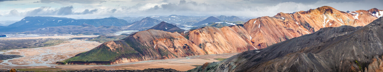 Panoramic landscape view of colorful rainbow volcanic Landmannalaugar mountains, Nordurbarmur range, wide river flooding and camping site in Iceland