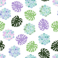 house plants pink purple blue green turquoise pastel succulent top view and monstera purple green leaves tropical summer paradise scandinavian style boho seamless pattern on a white background vector - 355426753