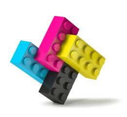 Building blocks of four printing process colors standing 3D