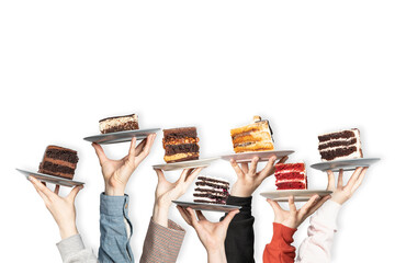 Concept for cafe or bakery with desserts: plates with different cakes in people's hands, place for...