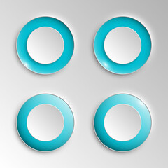 Four web round button positions for website or app with icon. Isolated bell sign button with border, reflection and shadow on background.