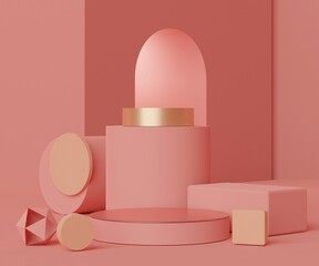 3d geometric forms. Cylinder podium in coral pink color. Fashion show stage,pedestal, shopfront with colorful theme. Minimal scene for  product display.