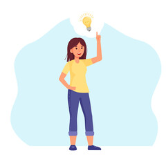 A young girl had an idea. Idea Generation Concept. Smiling girl with light bulb.