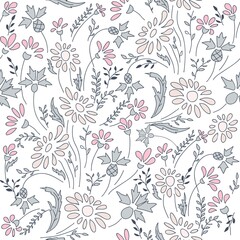 Seamless floral pattern in folk style with wildflowers, leaves. Hand drawn. Vector illustration