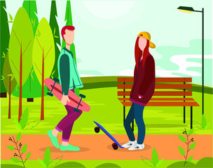 Happy teenage boys and girls or skateboarders riding skateboards at park. Young men and women skateboarding and performing tricks. Flat cartoon vector illustration.