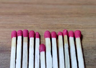 Matches isolated on wooden background. Close up. Selective focus.