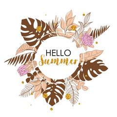 Hello summer, trendy banner with tropical leaves. Vector illustration in beige colors