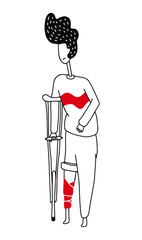 Homebody on crutches with broken leg isolated on white. Male handicapped person. Man on vacation with medical sick-leave certificate. Disable man in flat style design. Vector illustration