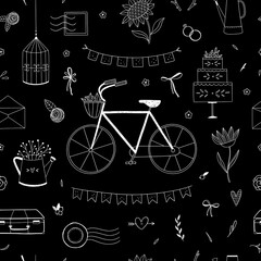 Romantic seamless pattern with different rustic elements. Vector background with bicycle, wedding theme decorations and floral illustrations. Elegant backdrop with hand drawn doodles