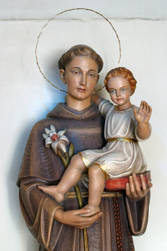 Saint Anthony holds a child of Jesus, a statue in the parish church of Saint Anthony of Padua in Zagreb, Croatia