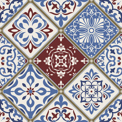 Seamless patchwork tile with Victorian motives. Majolica pottery tile, colored azulejo, original traditional Portuguese and Spain decor. Vector illustration for print wallpaper, fabric, paper, tile