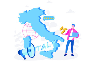 Obraz na płótnie Canvas Italy map with people, Welcome to Italy country, advertising and promo, Italy economy. Vector illustration for web banner, infographics, mobile. 