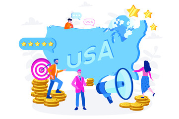 USA  map  with people, USA country advertising and promo,  USA economy. Vector illustration for web banner, infographics, mobile. United Sates of America.