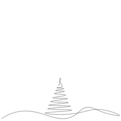 Christmas background landscape with tree one line drawing, vector illustration	