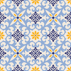 Seamless Damask pattern. Majolica pottery tile, blue, yellow and white azulejo, original traditional Portuguese and Spain decor. Seamless tile with Islam, Arabic, Indian, Ottoman motifs