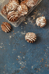 Delicious sweet dessert for a snack. Chocolate cookies sprinkled with powdered sugar top view with space for text