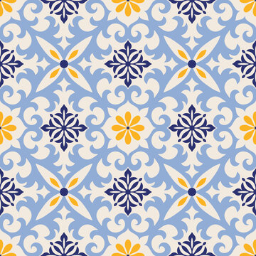 Seamless Damask pattern. Majolica pottery tile, blue, yellow and white azulejo, original traditional Portuguese and Spain decor. Seamless tile with Islam, Arabic, Indian, Ottoman motifs