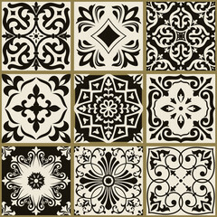 Collection of 9 colorful tiles. Seamless patchwork tile with Victorian motives. Majolica pottery tile, black and gray azulejo, original traditional Portuguese and Spain decor.
