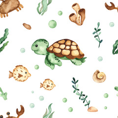 Watercolor seamless pattern with underwater creatures, sea turtle, fish, crab, algae, corals