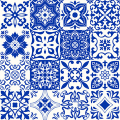 Set of 16 tiles Azulejos in blue, white. Original traditional Portuguese and Spain decor. Seamless patchwork tile with Victorian motives. Ceramic tile in talavera style. Gaudi mosaic. Vector