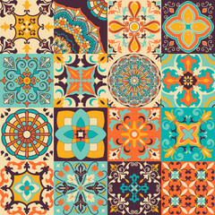 Set of 16 bright tiles Azulejos. Original traditional Portuguese and Spain decor. Seamless patchwork tile with Victorian motives. Ceramic tile in talavera style. Gaudi mosaic. Vector