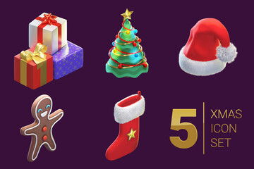 3d rendered set of five Christmas icons