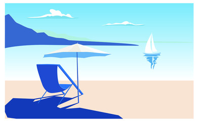 Beach with beautiful mountains view and yacht on the sea. Vacation vector illustratuion 