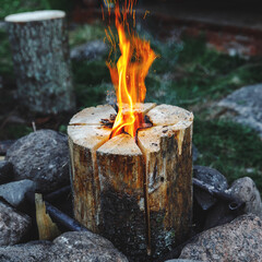 bonfire in nature from logs. wooden candle.